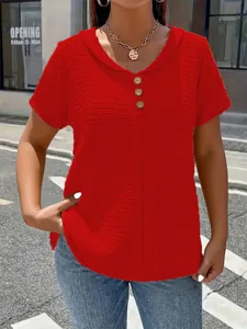 Detail showing texture of red V-neck loose short-sleeved women's casual T-shirt