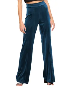 Elegant women's high-waisted velvet wide-leg trousers in a stylish deep teal blue finish