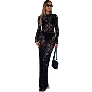 Elegante abito lungo in pizzo nero trasparente a maniche lunghe per vacanze da donna