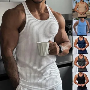 Close-up of men's ribbed slim-fit fitness tank top showing texture and color variety