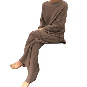 Elegant women's cocoa brown long-sleeve ribbed knit two-piece sweater and pants set