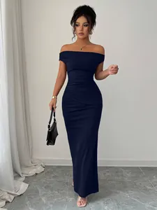 Elegant navy blue off-the-shoulder boat neck maxi dress perfect for formal evening parties