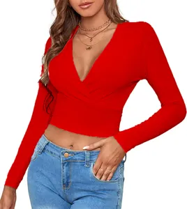 Detailed view of red sexy V-neck ribbed long-sleeve slim-fit knit top on a model
