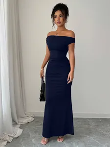 Elegant navy blue off-the-shoulder bodycon maxi dress for formal evening events