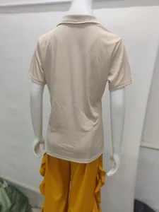 Back view showing the ribbed fabric texture of a beige polo shirt on a white mannequin