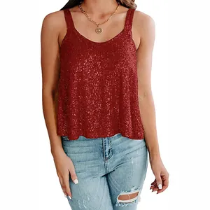Close-up detail of women's red sleeveless sequin tank top for club party evening wear