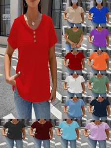 Women's Casual Viscose V Neck Short Sleeve T-Shirt Loose Pleated Textured Top With Buttons Solid Color Summer Tunic