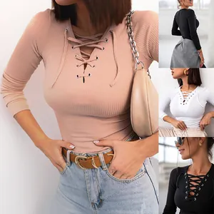 Women Sexy Lace-up V-Neck Long Sleeve Ribbed Knit Top Slim Fit Solid Color Hollow-out Fashion Viscose Base T-Shirt