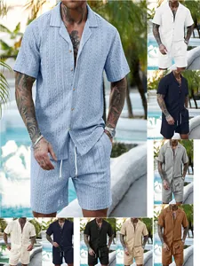 Herren Sommer Casual Kurzarm Hemd Und Kordelzug Shorts Top Und Bottom Urlaub Strukturierte Strick Atmungsaktive Outfits