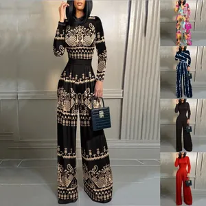 Long sleeve stand collar wide leg jumpsuit with baroque print and color options