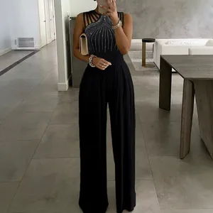 Combinaison élégante noire sans manches à jambes larges ornée de strass brillants