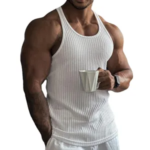 Premium men's white ribbed fitness tank top slim fit knitted gym vest for sports