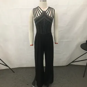 Combinaison pantalon noire sans manches élégante avec strass et jambes larges