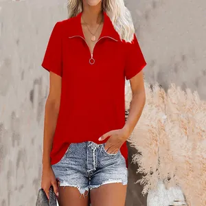 Casual women's red ribbed polo shirt featuring a front zipper and classic polo collar design