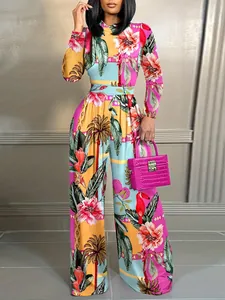 Elegant women's tropical floral print long-sleeve wide-leg jumpsuit with high waist