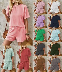 Detail view showing multiple color options of women's ribbed summer 2-piece lounge set