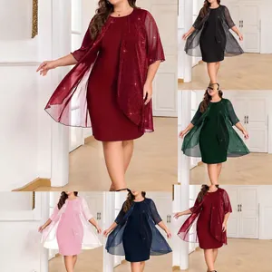 Detail of plus size two-piece dress set with sparkling glitter shawl in various colors