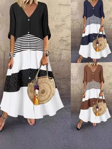 Women V-Neck Patchwork Printed Long Dress Casual Button Striped Polka Dot A-Line Resort Style Loose Polyester Maxi Dress