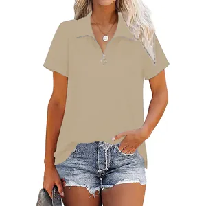 Close-up detail of women's ribbed polo shirt featuring a stylish ring zipper collar
