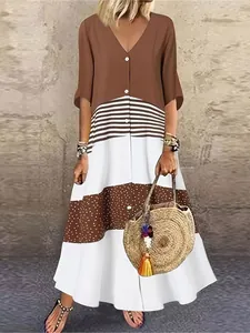 Detail view of 2025 autumn fashion V-neck patchwork maxi dress with buttons and stripes