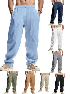 View of men's loose linen casual pants showing variety of available solid color options
