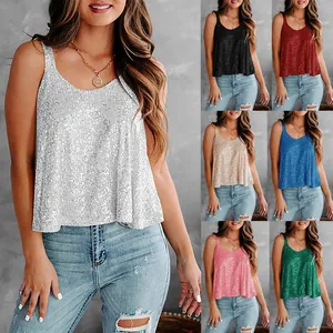 Women's Sexy Sequin Tank Top Sleeveless Round Neck Party Clubwear Sparkling Camisole Vest Top