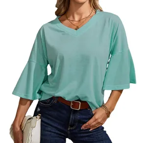 Stylish women's V-neck bell sleeve T-shirt in mint green solid color casual top