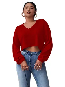 Pull court en maille rouge à col en V pour femme, manches longues, mode automnale