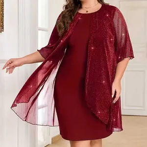 Detail of burgundy plus size dress with matching glitter chiffon cardigan