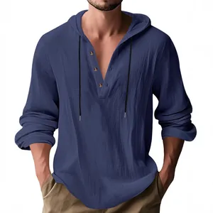Men's navy blue linen hooded henley shirt with long sleeves and loose casual fit