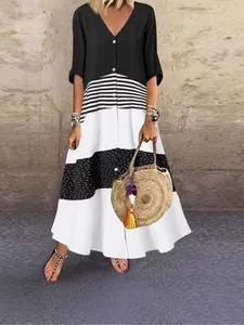 Elegant V-neck long button-down leisure dress featuring patchwork stripes and polka dots