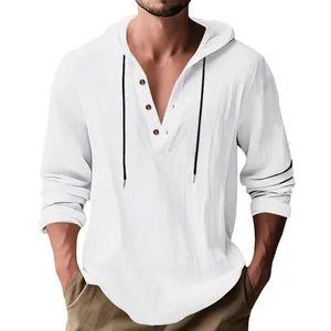 Detail of white linen hooded Henley shirt with black drawstrings and buttons
