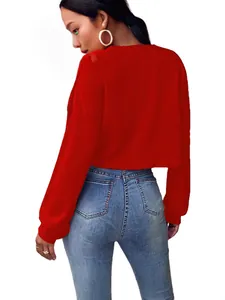 Chic pull court en tricot à manches longues rouge pour femme, mode élégante automne-hiver