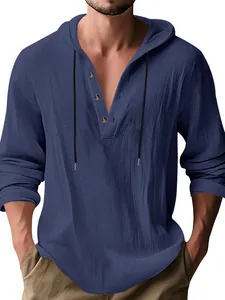 Detail view of navy blue hooded linen henley shirt showing textured fabric and buttons