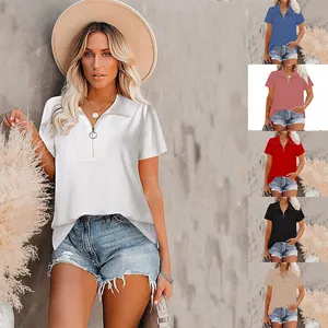 Women's Casual Ribbed Polo Collar Short Sleeve T-Shirt With Zipper V-Neck Loose Fit Cotton Top Fashion Summer Tee