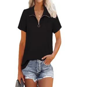 Casual women's black ribbed short sleeve polo shirt featuring a stylish zipper neckline