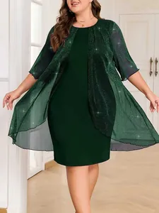 Elegant dark green knee-length dress with matching sparkly sheer shrug for formal events.