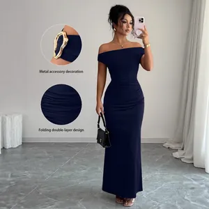 Elegant navy blue off-the-shoulder maxi dress with ruching and metal buckle detail