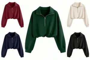Sudaderas cortas para mujer con media cremallera, cuello polo y cordón ajustable