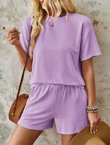 Detailed texture of lavender wavy pattern short sleeve top and shorts summer set