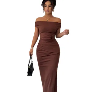 Elegant brown off-the-shoulder maxi dress with ruched bodycon fit for evening parties