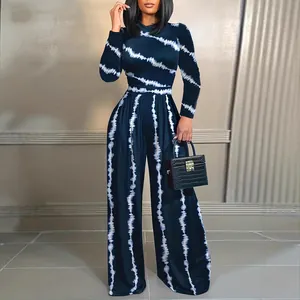 Elegant long sleeve tie-dye wide leg jumpsuit with stand collar and waist cinch