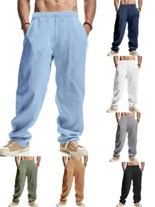 Men Casual Linen Polyester Solid Color Wide Leg Straight Pants Drawstring Waist Loose Fit Breathable Trousers Summer Fashion Bottom