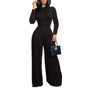 Elegant black long-sleeved wide-leg jumpsuit with mock neck and high waist silhouette