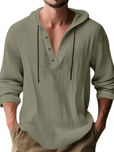 Casual men's olive green linen long-sleeve hooded henley shirt with drawstring details