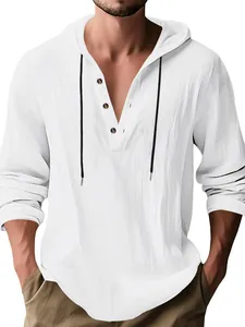 Men's loose white linen hooded long sleeve Henley shirt for beach casual wear
