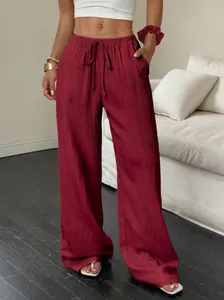 Μοντέρνο μπορντό γυναικείο casual παντελόνι με φαρδύ ίσιο μπατζάκι και πρακτικές τσέπες