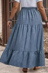 Detailed back view of a flowy tiered blue plus size maxi skirt for summer vacation