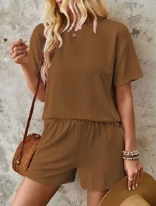 Close-up detail of women's summer 2-piece set featuring wavy texture fabric and casual style