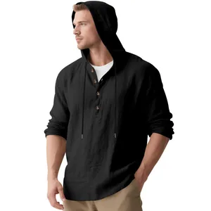 Men's loose black hooded long sleeve linen shirt with wood buttons and drawstring.